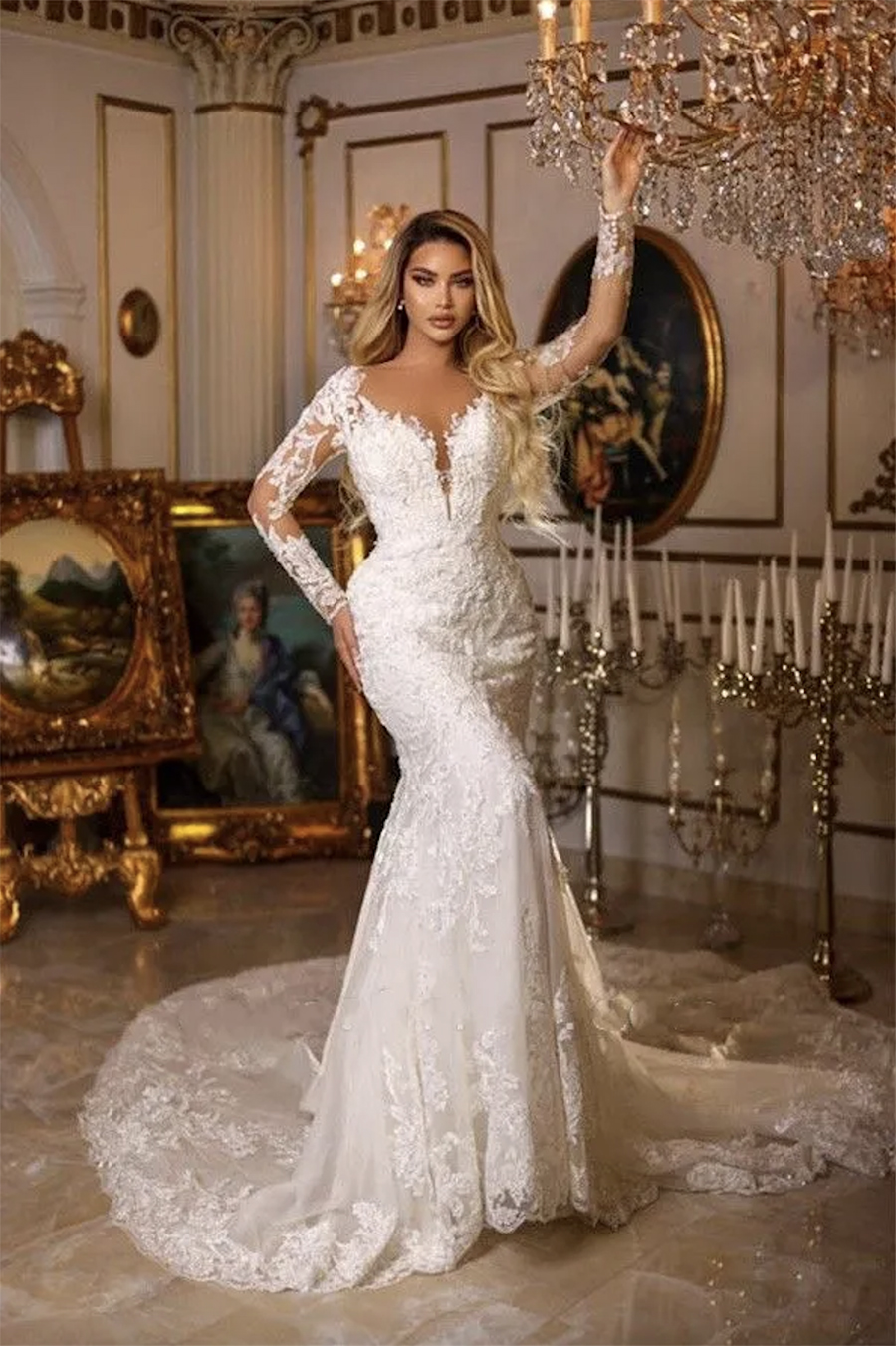 New Lace Mermaid Wedding Dresses Sheer Long Sleeves Tulle Applique High Neck Illusion Court Train Bridal Gowns With Buttons Back