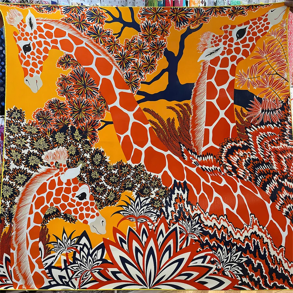 POBING Silk Cashmere Scarf Women Hand Rolled Shawls Giraffe Print Square Scarves Wraps Bandana Big Hijabs Female Foulard 135CM 240314