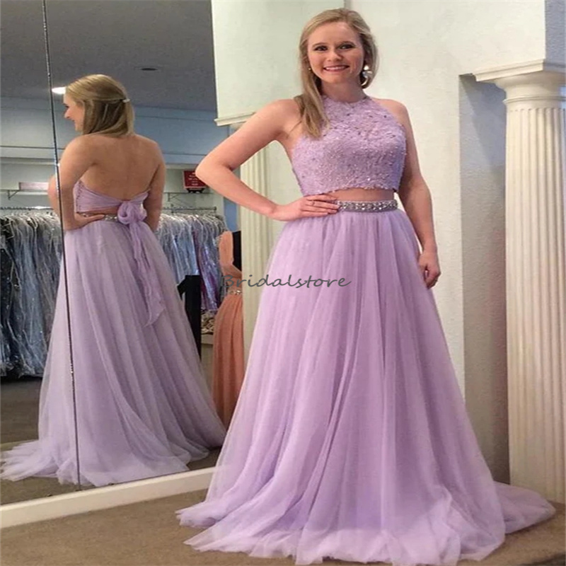 Lilac Two Pieces Prom Dresses 2024 Sexy Halter Backless Boho Lace Evening Dress Elegant Birthday Formal Party Dress Flowy Violet Dress Vestios De Fies