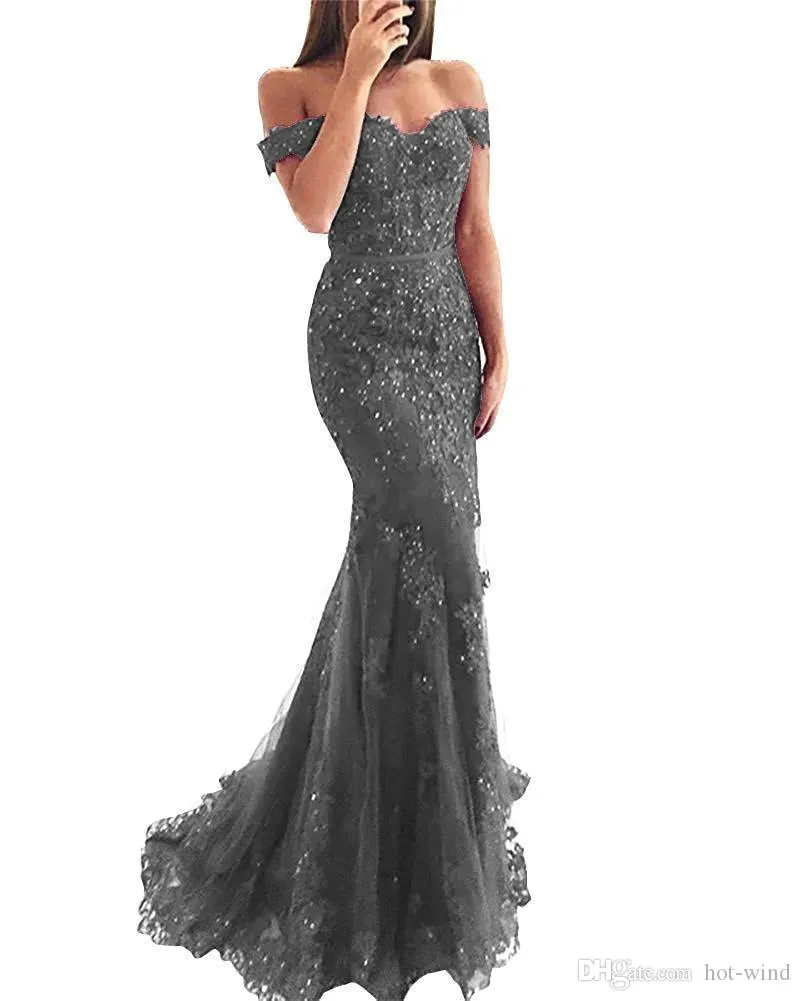 Bury Lace Mermaid Appliques Off The Shoulder Beaded Sequins Long Prom Gowns Evening Dresses Cheap Wear Bm0449