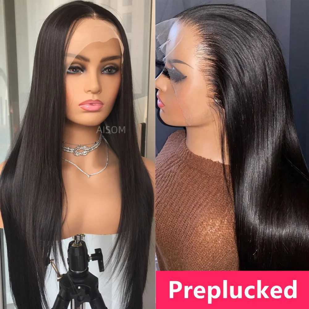 Frontal Straight Wigs For Women Synthetic Mix Human Hair 13X4 Lace Front Black 99J Preplucked Glueless Fiber Wig 240328 240327