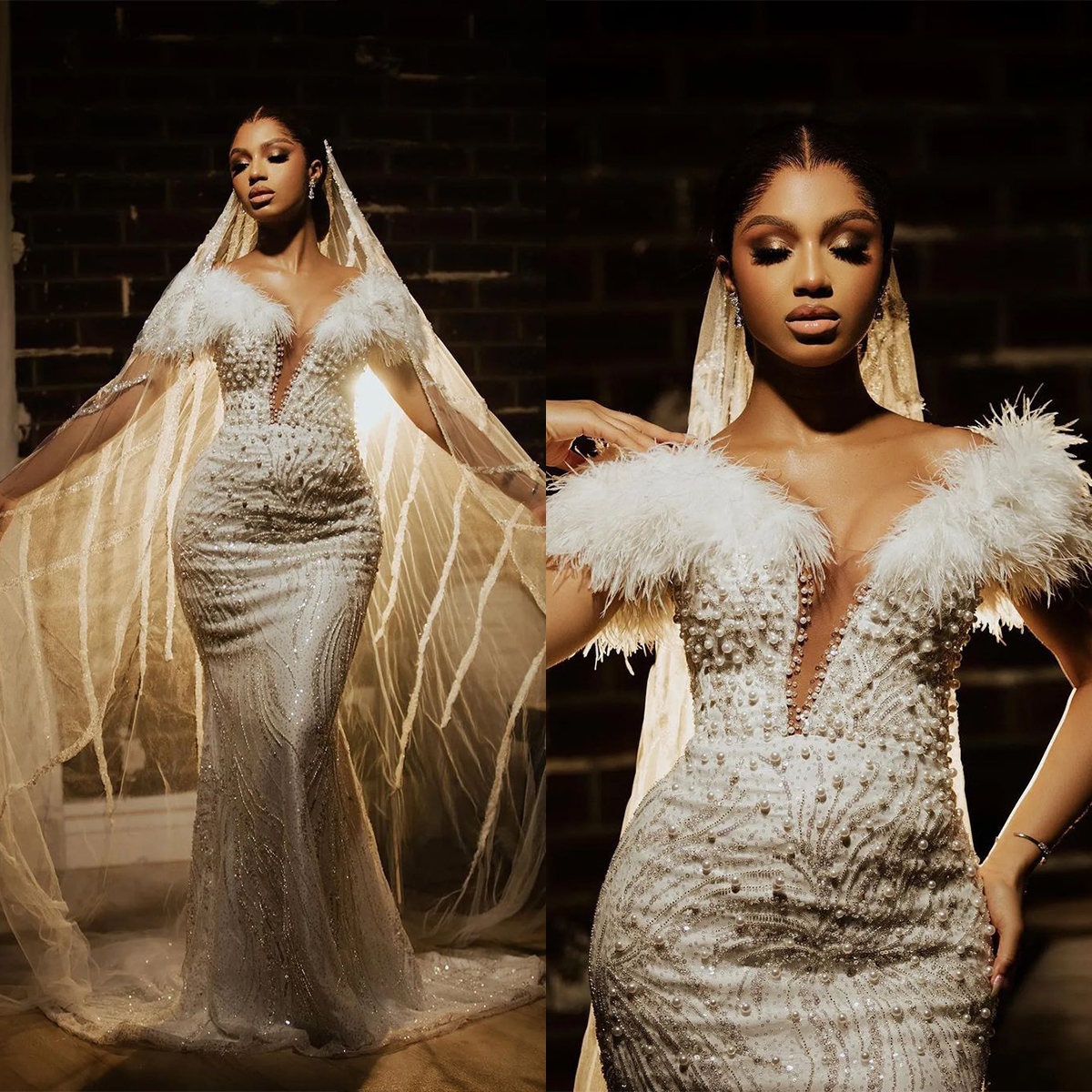 Gorgeous Mermaid Bridal Gowns Off Shoulder Wedding Dress with Overskirts Pearls Feather Sequins Custom Made Sweep Train Bride Dresses