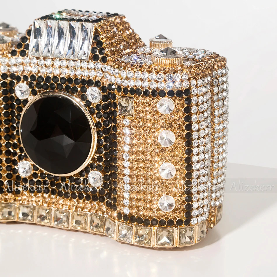 Camera Shaped Diamond Evening Clutch Bags Boutique Novelty Metallic Rhinestone Purses And Handbags Bridal Wedding Party 240315