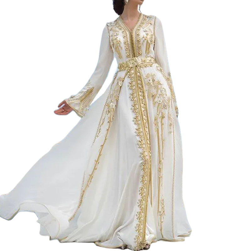 Elegant Arabic Dubai White Chiffon Formal Evening Dresses With Gold Lace Appliques Crystals Beaded Court Train A Line Long Sleeves Prom Dress Moroccan