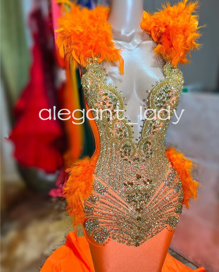 Orange Sparkly Long Evening Birthday Dresses for Black Girl 2024 Luxury Crystal Feather Prom Gala Ceremony Dress