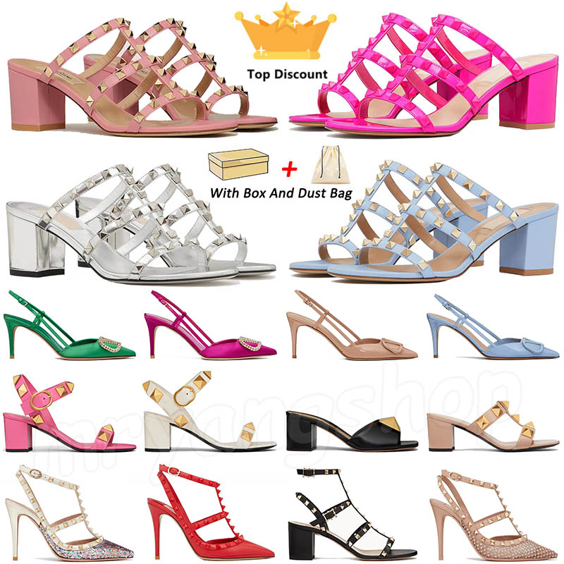 designer high heel shoe woman with box Valentine's Day slingback black pink spikes heels kitten silver white gold point toe rivets sandal platform womens dress shoes