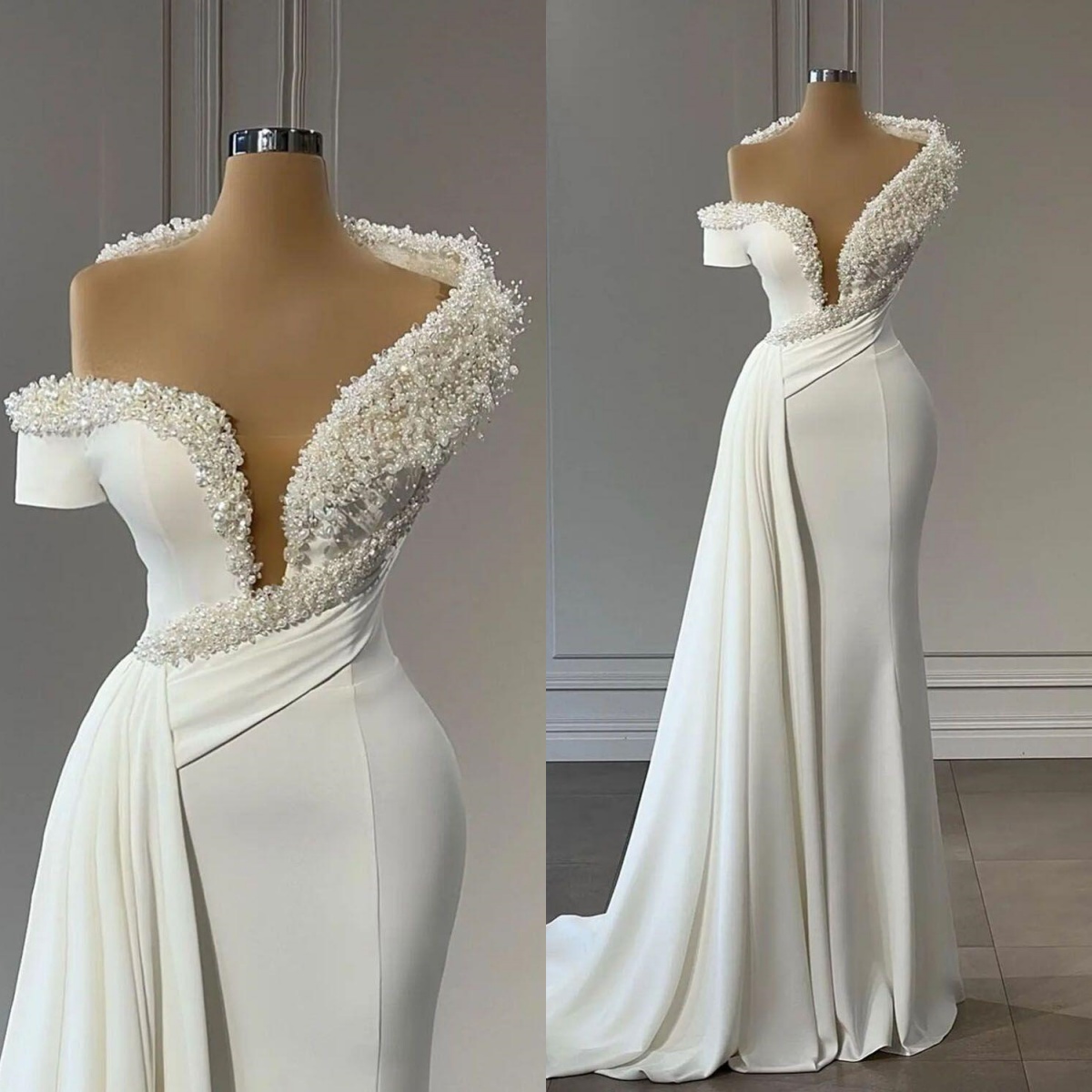 Elegant One Shoulder Mermaid Bridal Gowns Pearls Wedding Dress with Train Short Sleeve Slim Custom Made Sweep Train Bride Dresses