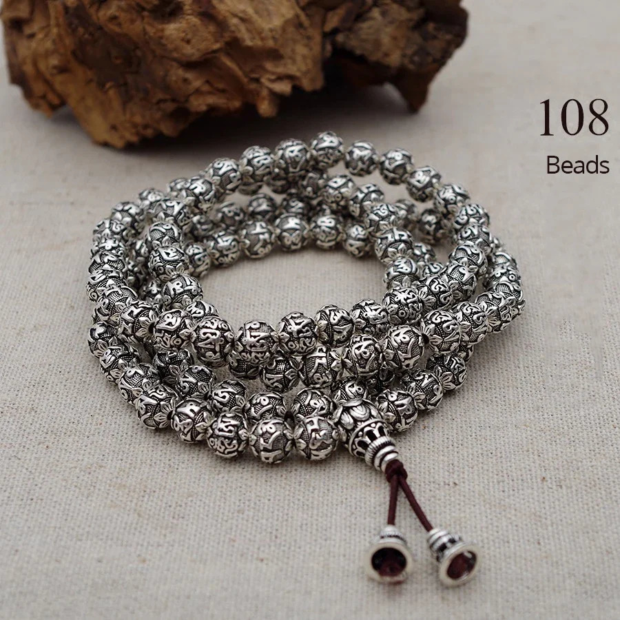 108 Beads Mantra Bracelets For Men and Women Six Words Engraved 925 Sterling Silver Om Mani Padme Hum Prayer Multilayer Bracelet 240305
