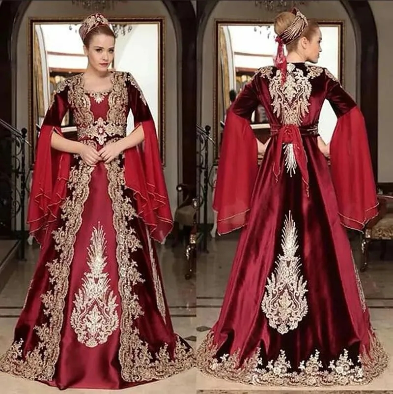 Kaftan Arabic Moroccan Evening Dresses Bell Long Sleeves Gold Pattern Lace Applique Bury Caftan Dubai Ocn Prom Dress