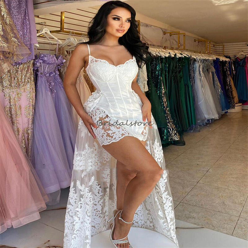 Chic Short Boho Wedding Dress With Detachable Train Sexy Spaghetti Straps Beach Bohemian 2 In 1 Bridal Dress Lace Gatsby Bride vestidos novias boda 20