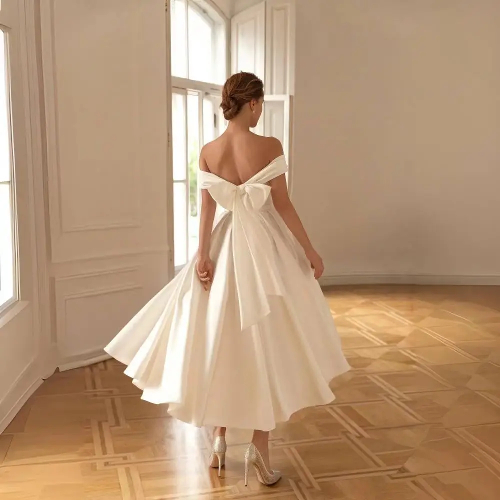 A-line Wedding Adorable Dress Off the Shoulder Strapless Bow Satin Open Back Ankle Length Draped Simple Vestidos De Novia YD