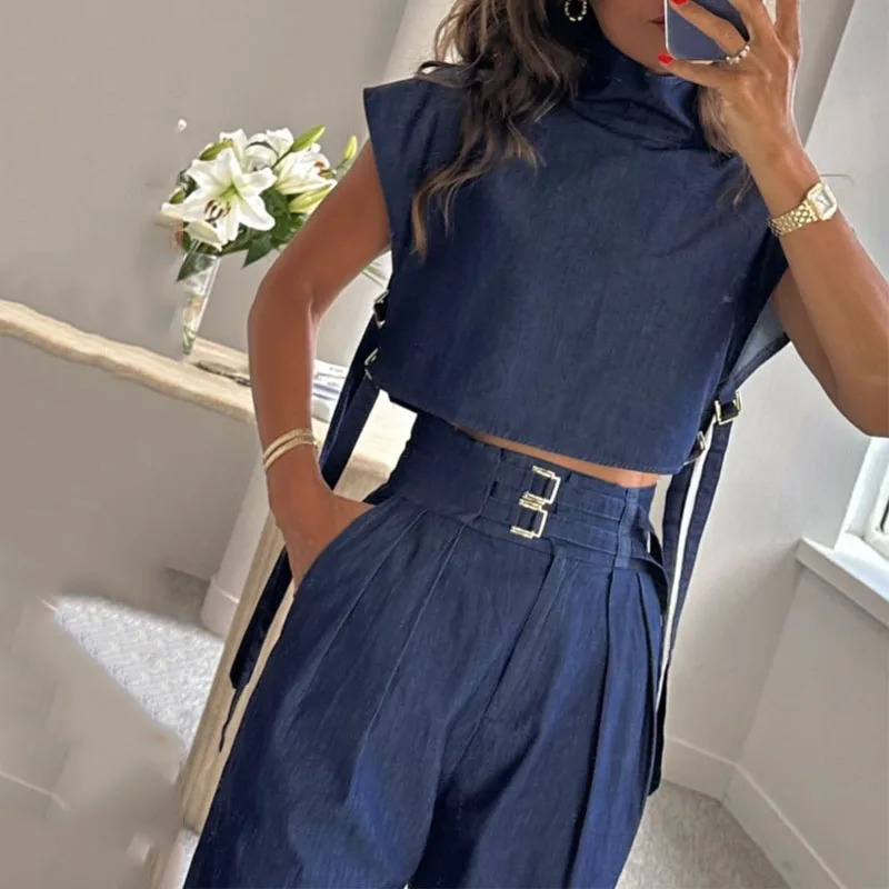 Waytobele Women Two Piece Set Summer Fashion Office Solid High Neck Short Sleeve Top Straight With Pockets Buckle Pants Sets 240314