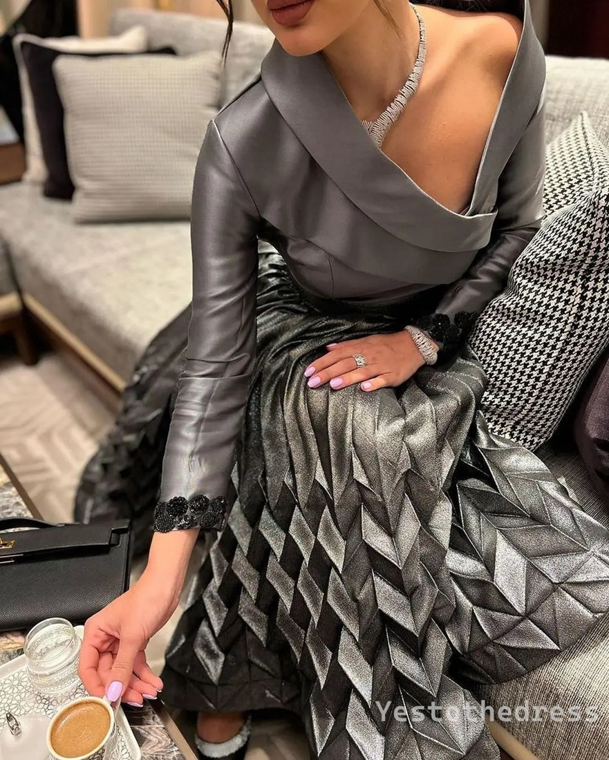 2024 Silver Mother of the Bride Gowns Formal Dresses for Women Short T Length Unique Neck Elegant Long Sleeves Pleated Groom's Mother Dress for W