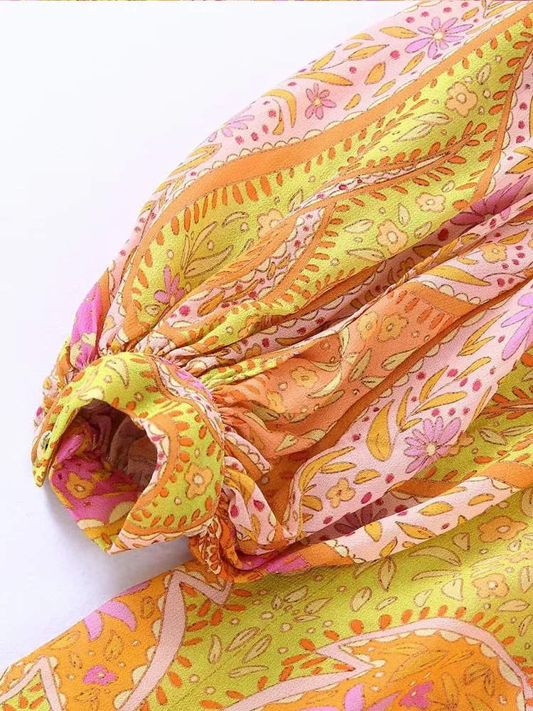 Willshela Women Fashion Printed Hollow Out Back Zipper Mini Dress Vintage VNeck Long Sleeves Female Chic Lady Dresses 240305