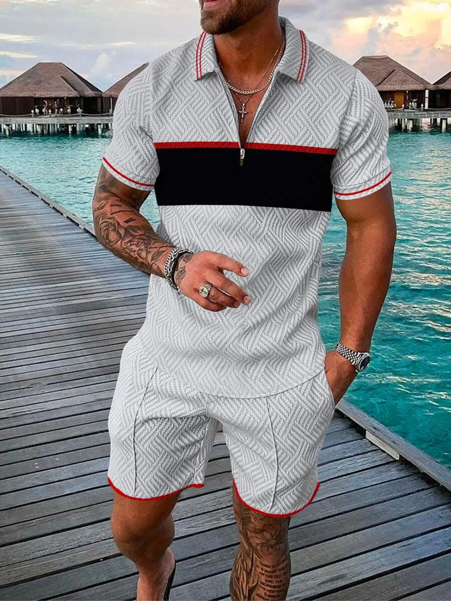Simple Color Pattern Print Mens Tracksuit Summer Casual Zipper Collar Polo Shirt And Shorts 2pcs Sets Trend Clothing Streetwear 240315
