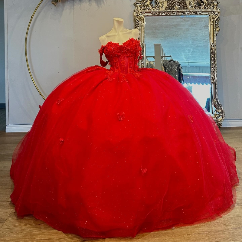 Red Shiny Ball Gown Quinceanera Dresses Off The Shoulder Applique Lace Beads Bow Tull Party Birthday Vestido De 15 Anos Sweet 16 Dress
