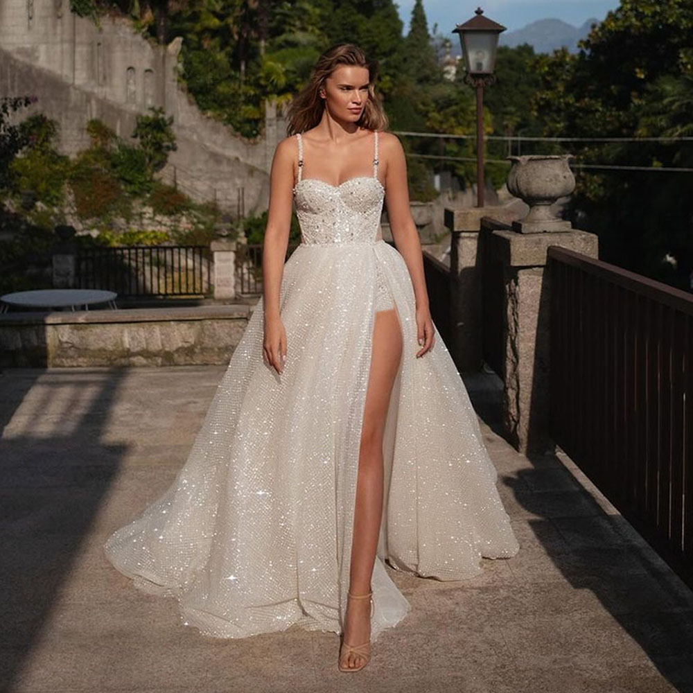 A Line Sparking Wedding Dress For Women Spaghetti Strap With Detachable Train Bridal Gown Side Split Glitter Robe De Mariee