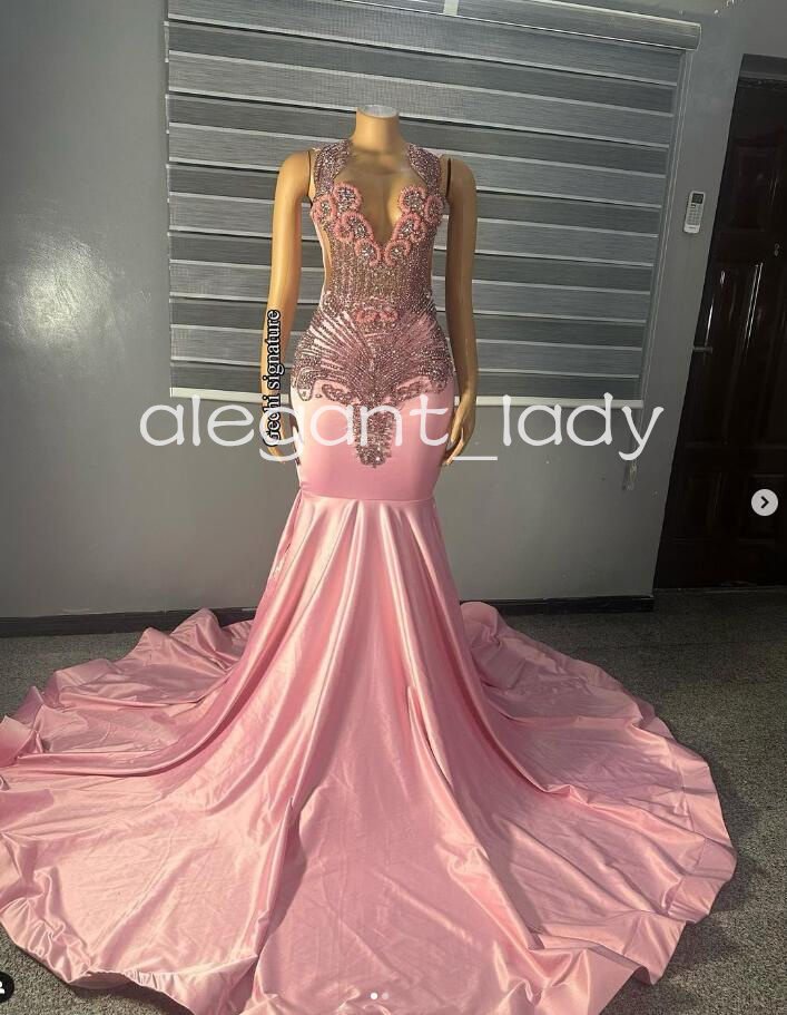 Pink Long Sparkly Mermaid Prom Ceremony Dresses for Black Girl 2024 Luxury Crystal Beaded Evening Gown robe de soiree