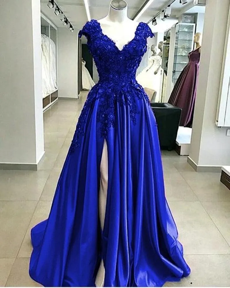 Royal Blue Satin A Line High Split Prom Dressess V Neck Lace Appliques Beaded Plus Size African Black Girls Evening Party Gowns Bc5082