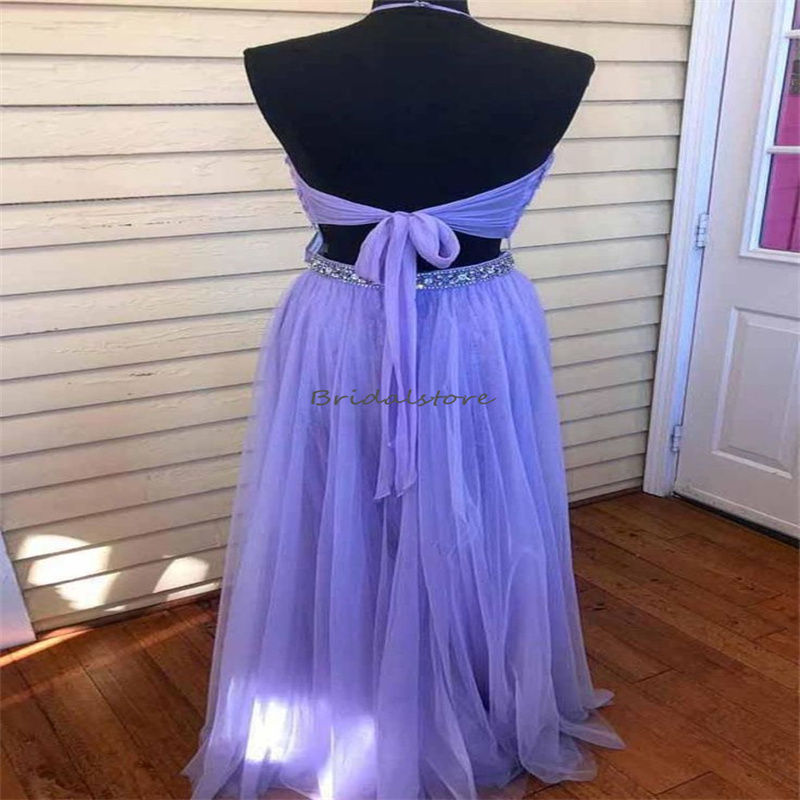 Lilac Two Pieces Prom Dresses 2024 Sexy Halter Backless Boho Lace Evening Dress Elegant Birthday Formal Party Dress Flowy Violet Dress Vestios De Fies
