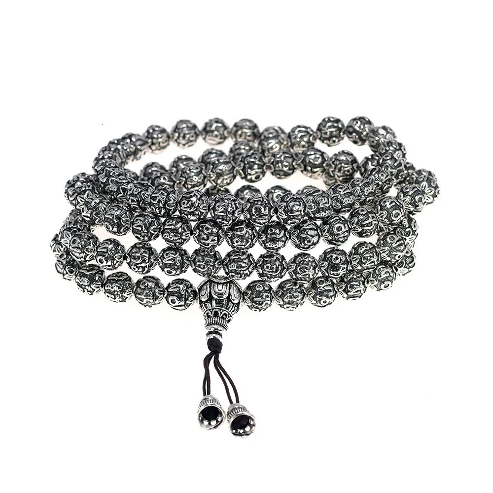 108 Beads Mantra Bracelets For Men and Women Six Words Engraved 925 Sterling Silver Om Mani Padme Hum Prayer Multilayer Bracelet 240305