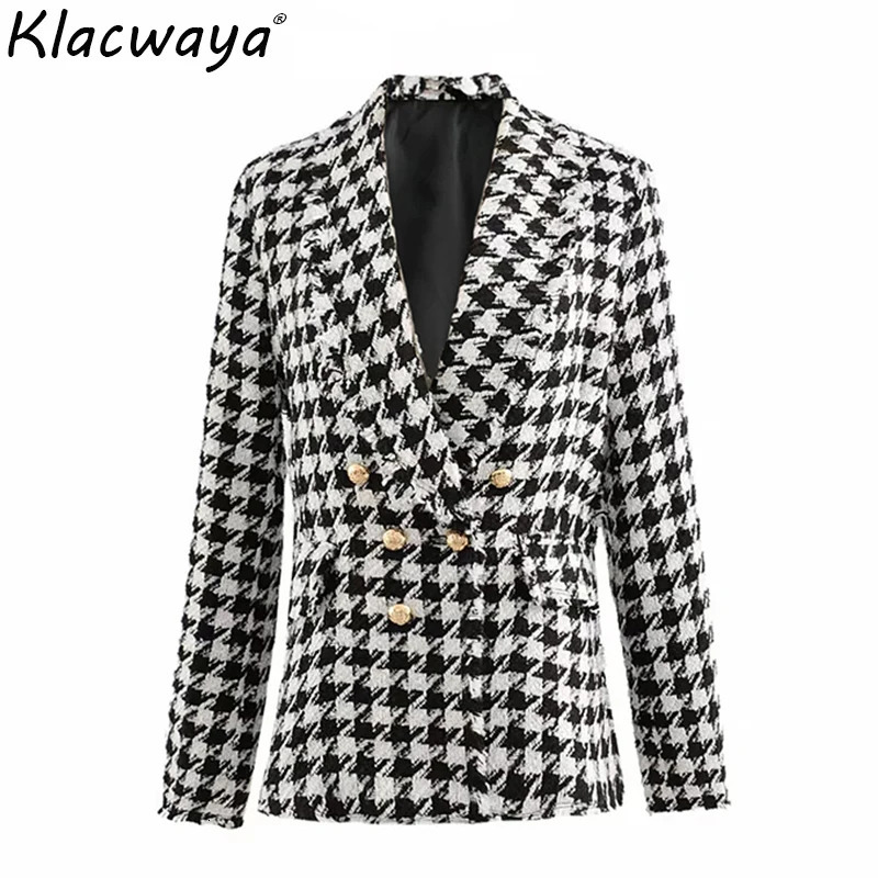 Women Tweed Jackets Fashion Office Ladies Black Tassel Houndstooth Coats Female Autumn Vintage Thick Plaid Coat Girls Chic 240307
