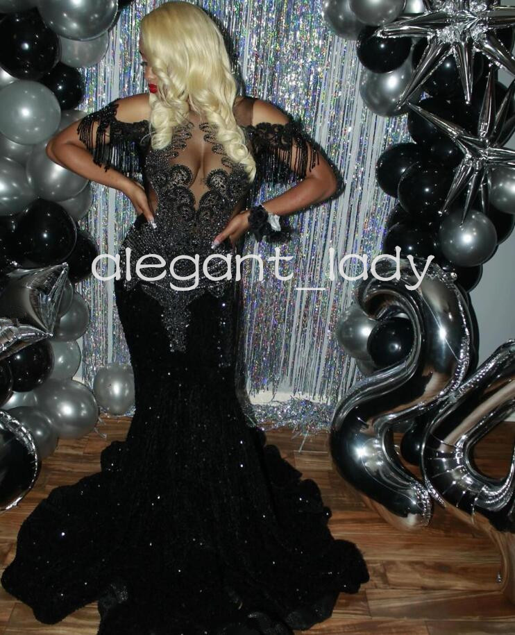 Sparkly Long Mermaid Evening Formal Dresses for Black Girl Luxury Diamond Crystal velvet Tassel Prom Gala Birthday Dress 2024
