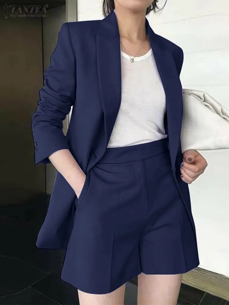 ZANZEA Long Sleeve Blazer And Short Pant Autumn Pure Cotton Short Sets Women Solid Work OL Tracksuits Stylish Elegant Suit 240311