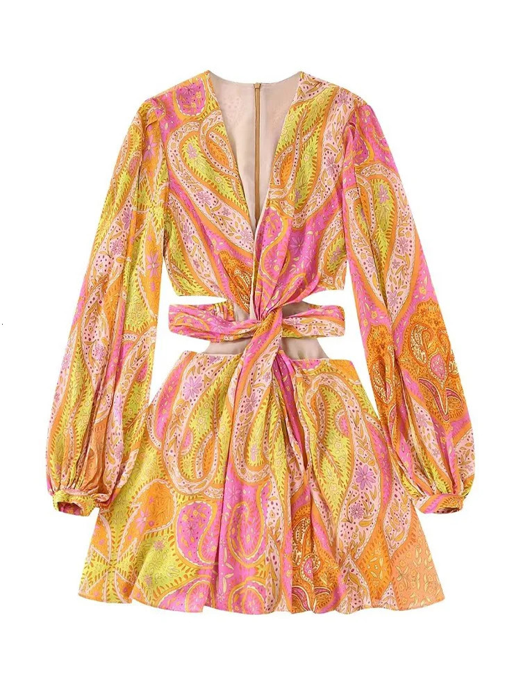 Willshela Women Fashion Printed Hollow Out Back Zipper Mini Dress Vintage VNeck Long Sleeves Female Chic Lady Dresses 240305