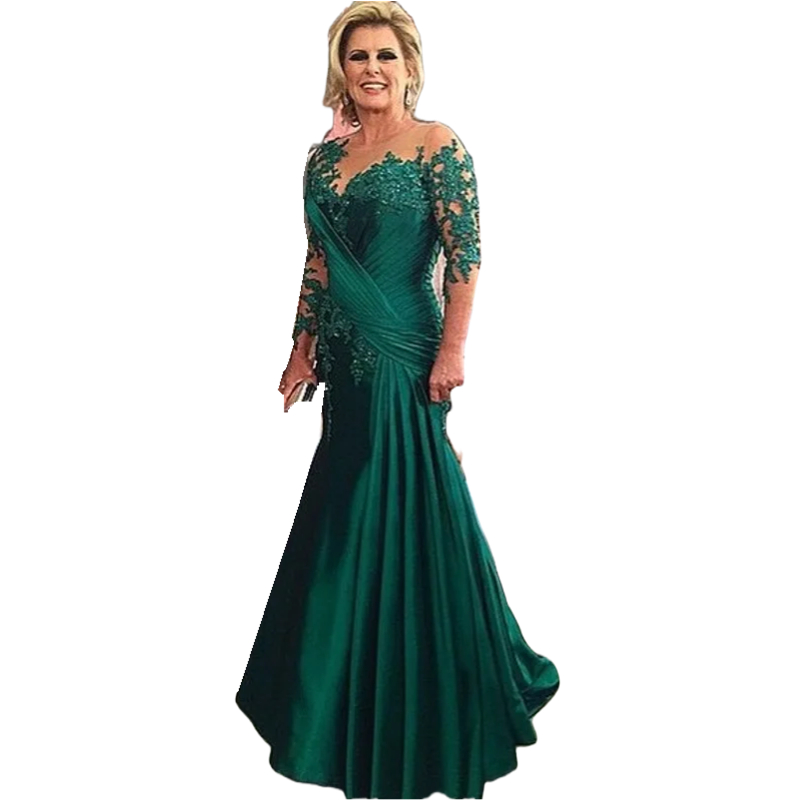 2024 Elegant Green Mother Of The Bride Dresses Mermaid Long Sleeves Appliques Lace Beaded Long Wedding Guest Party Dress Mothers Formal Wear