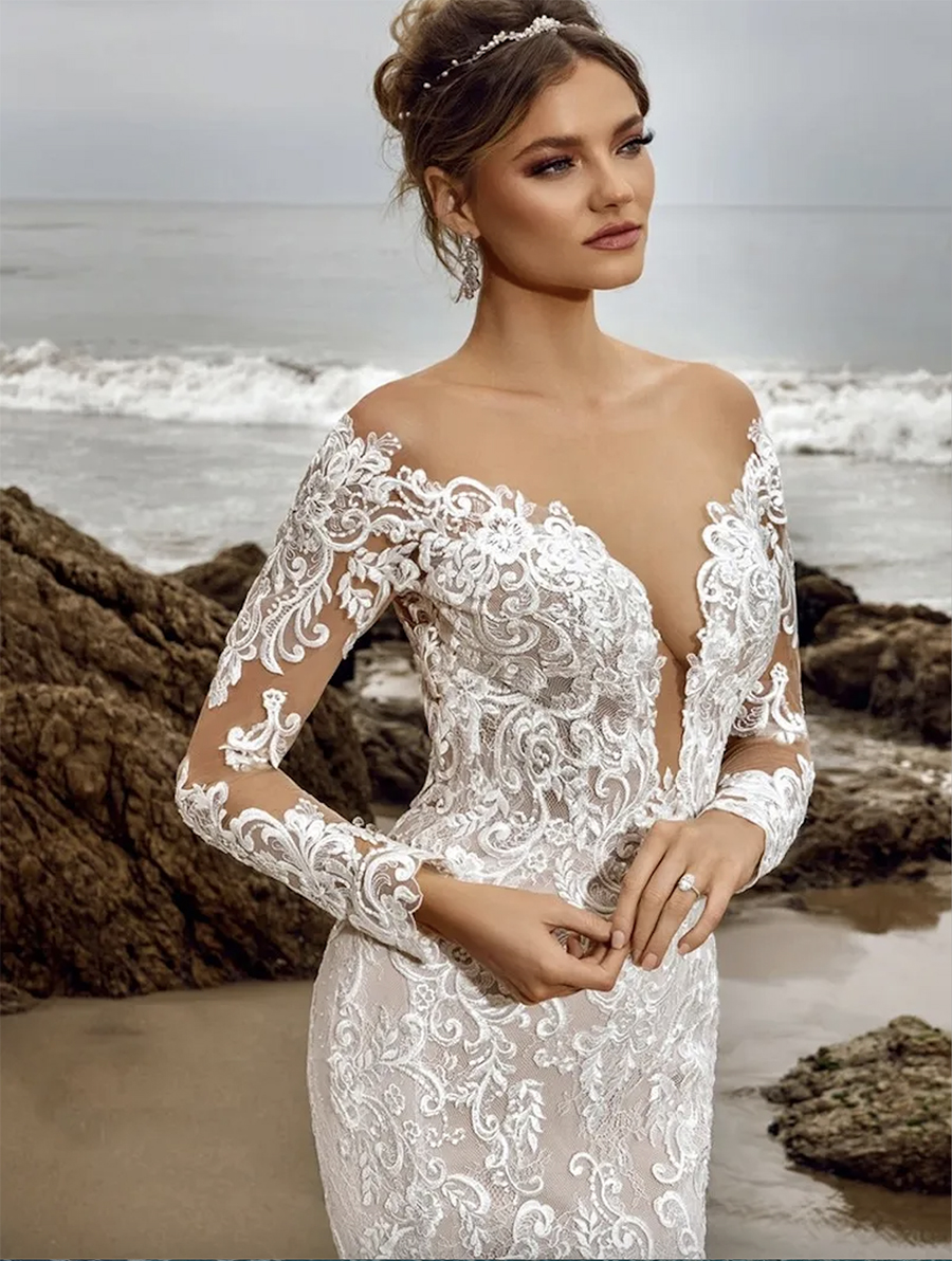 Newest Illusion Wedding Dress Mermaid Lace Deep V-Neck Neck Full Sleeves Chapel Train Plus Size Bride Gown 2024 Vestidos De Novia Mariage 0509