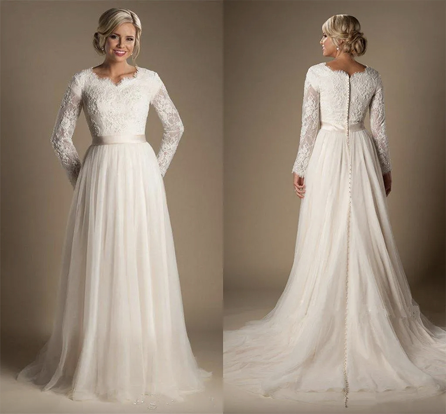 2024 Modest A-line Beaded Lace Wedding Dresses With Long Sleeves Buttons Up Back Chiffon Bridal Gowns Wedding Dress