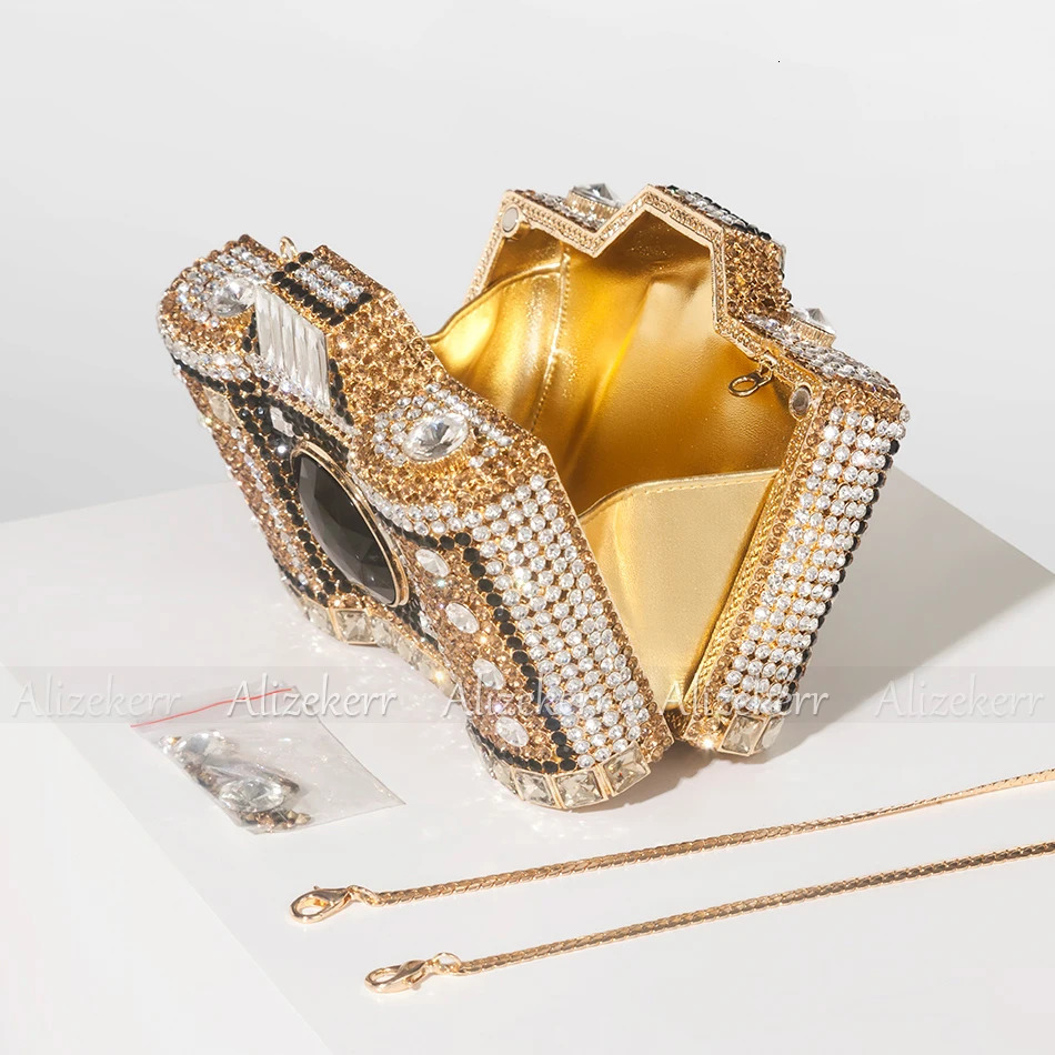 Camera Shaped Diamond Evening Clutch Bags Boutique Novelty Metallic Rhinestone Purses And Handbags Bridal Wedding Party 240315