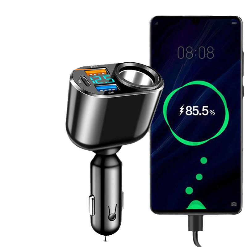 New single cigarette lighter expansion hole double USB type-C car charging display QC3.0 fast charging car charger
