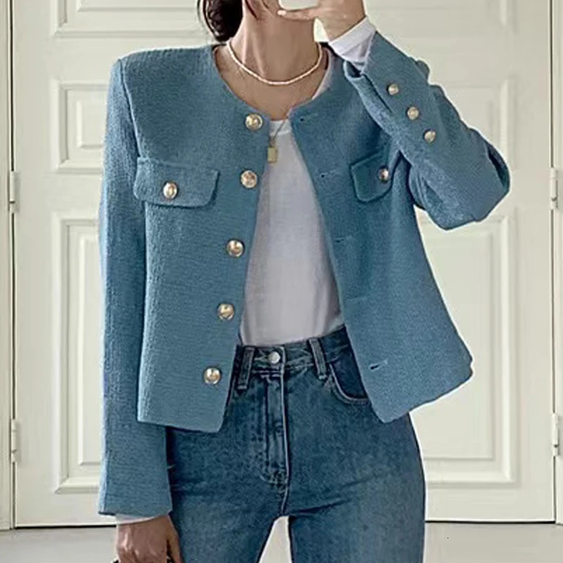 French Wool Tweed Coat Fashion Highend Gold Button Short Slim Temperament Autumn Winter Korean Coats Women Jacket Korea 240307