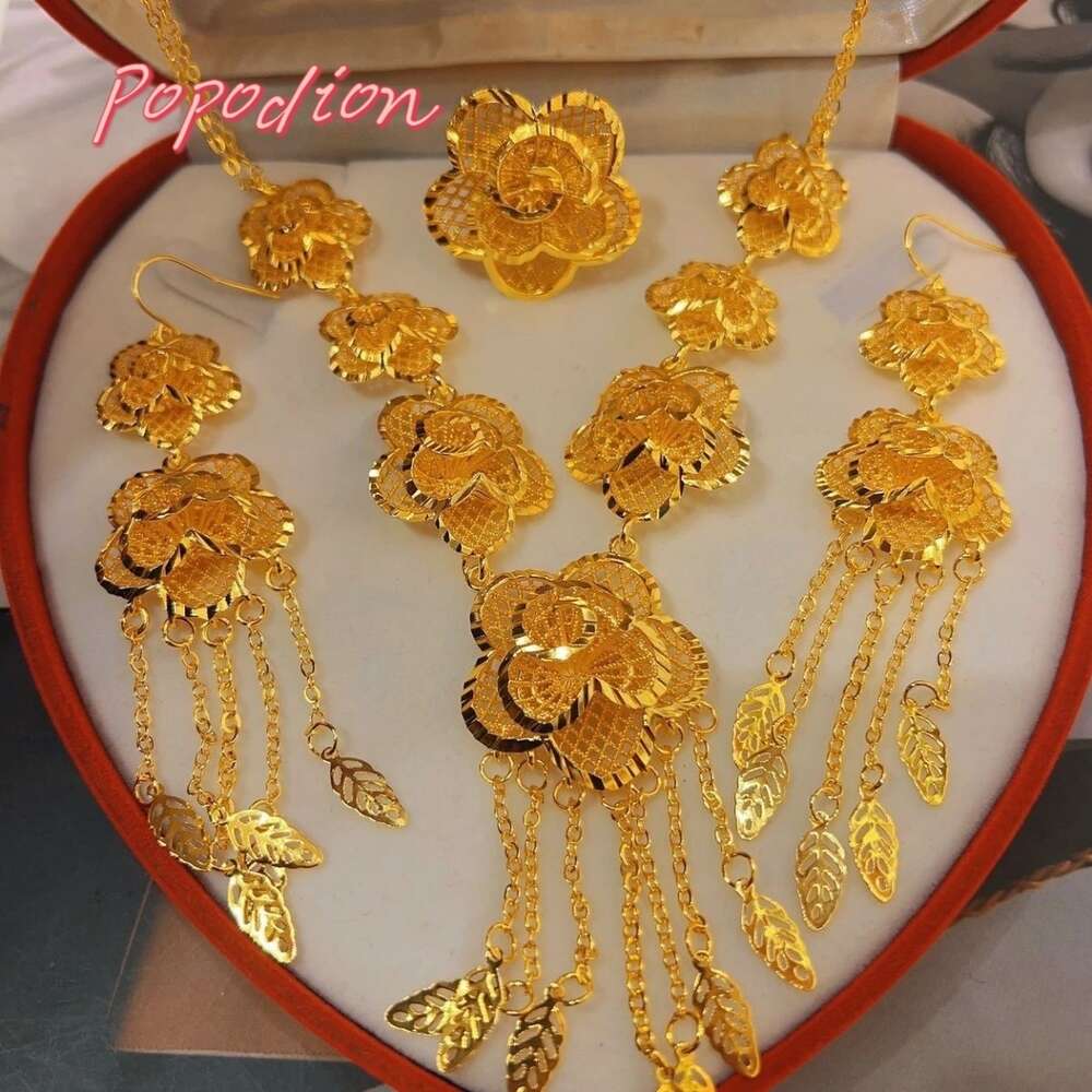 Popodion Dubai Gold Plated Flower Shaped Earrings Necklace Women's Ring Wedding Jewelry Three Piece Set YY10359