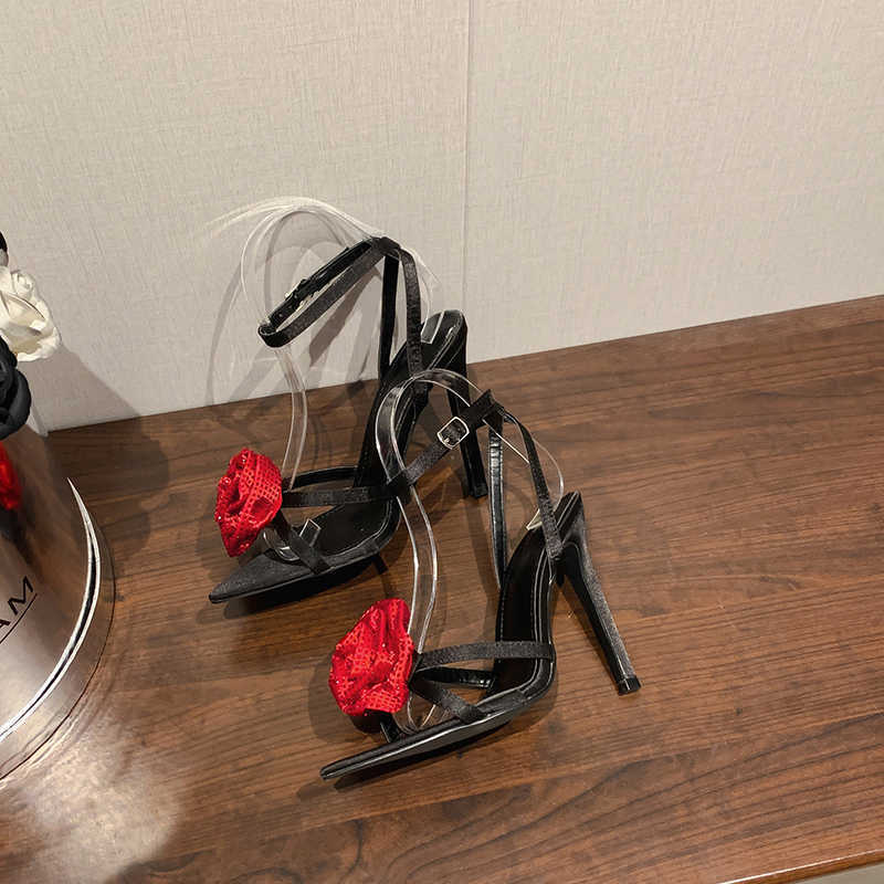 HBP Non-Brand Shoes New Rhinestone Rose Blossom Elegant Designer Womens Sexy Pointed Party High Heels Denim Sandals Water Diamond Stiletto Heels Sanda