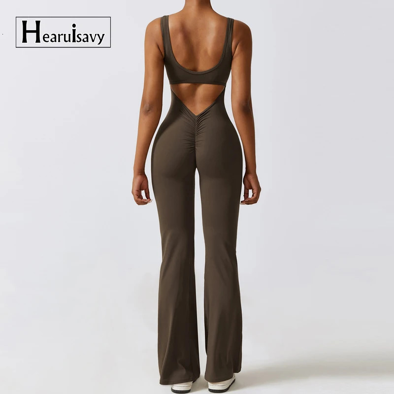 V Back Scrunch Gym Set Women Sport OnePiece Suit Yoga Flared Pants Sports Jumpsuit Fitness Rompers Workout Bodysuits 240307