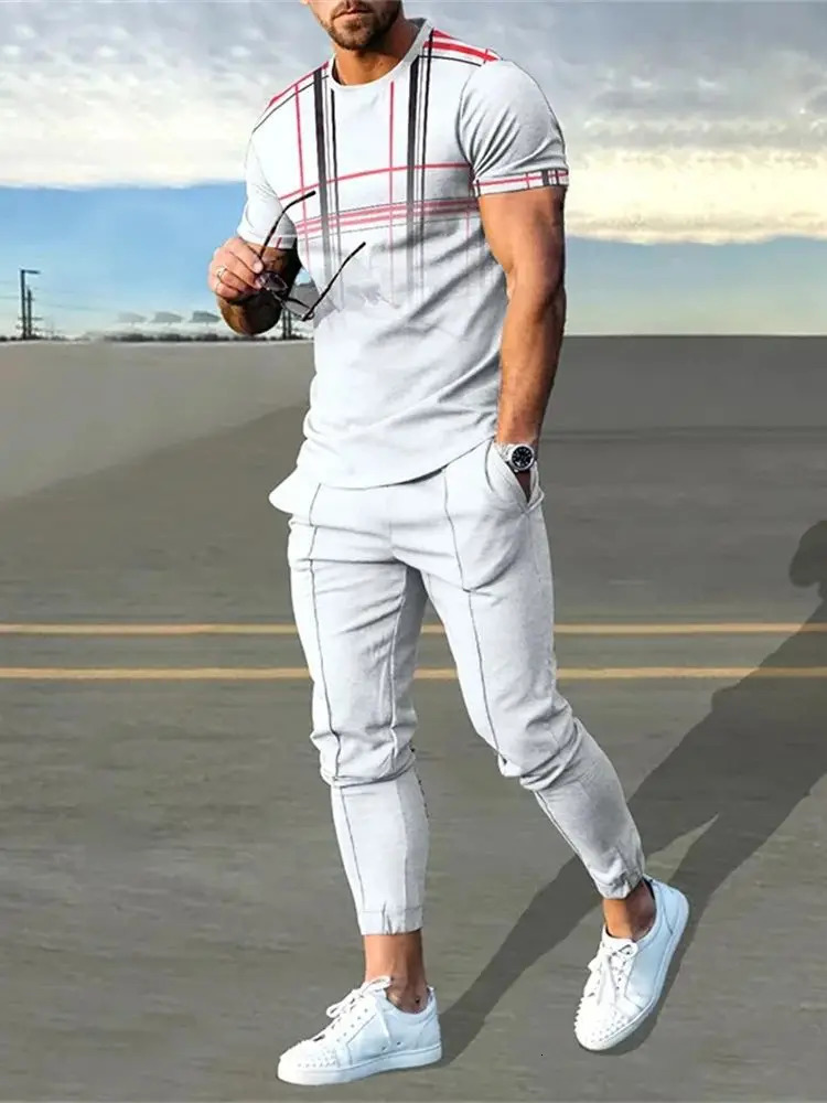 Fashion Men Tops Trousers Tracksuit Sportswear Short Sleeve T Shirt Long Sweatpants Streetwear 2 Piece Sets Clothing 240301