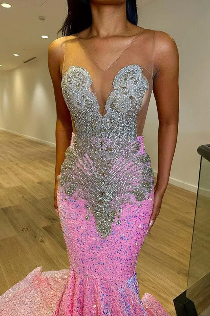 New Arabic Dubai Pink Prom Dresses Sexy Sheer Jewel Neck Mermaid Sequins Beads Long Evening Gowns Vestidos De Bal For Black Girls Bc18393