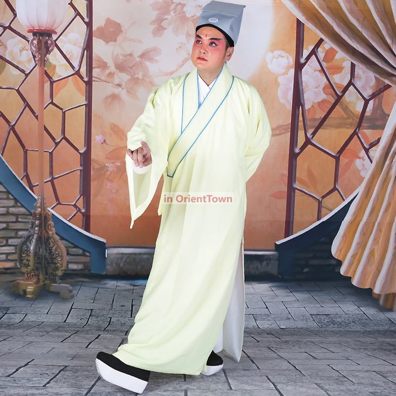 Chinese Operas Outfit Lao Sheng tunic Peking Opera men's Taoist Long gown robe + Hat intellectual Student Clothing In Ancient China