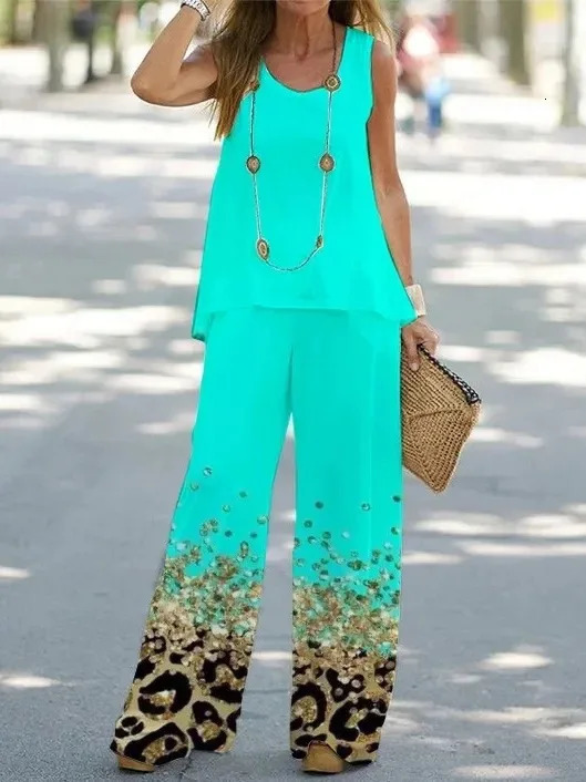 Women Summer Tops Vest Tank Sleeveless Tees Pants Wide Leg Full Long Pant Big Large T Shirts Suit Loose Casual Suits Sets 240311