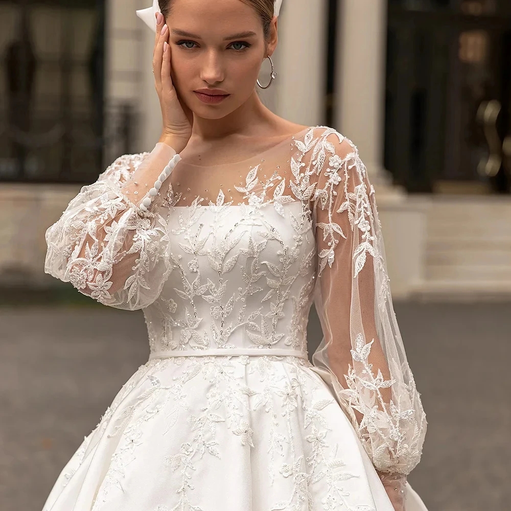 Classic Satin Wedding Dress 2024 Women O-Neck Full Sleeves Embroidery Lace Bride Gowns Vestidos De Novias Robe De Mariage