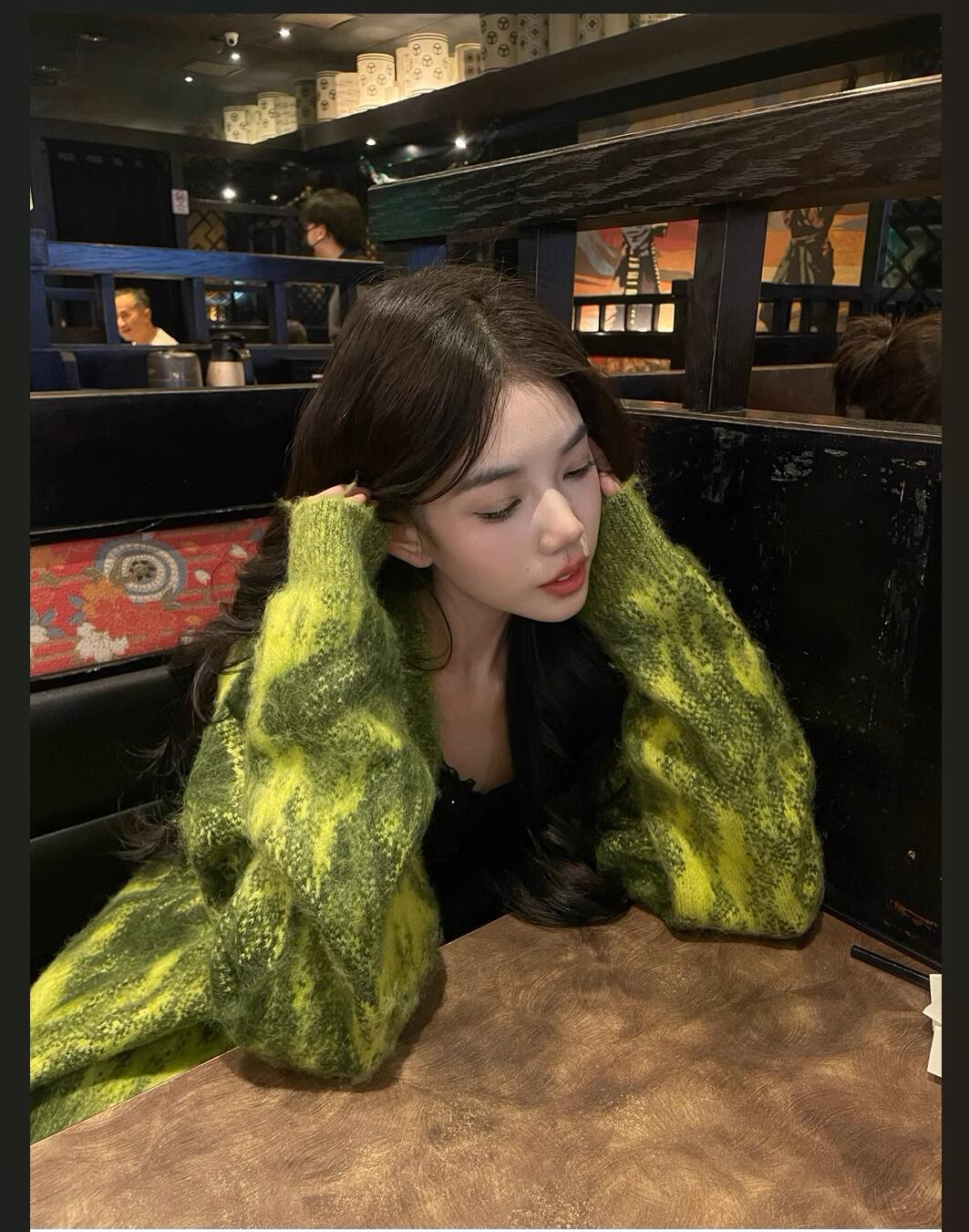 Womens mens tie-dying green color v-neck single breasted mohair wool knitted sweater cardigans coat SMLXL