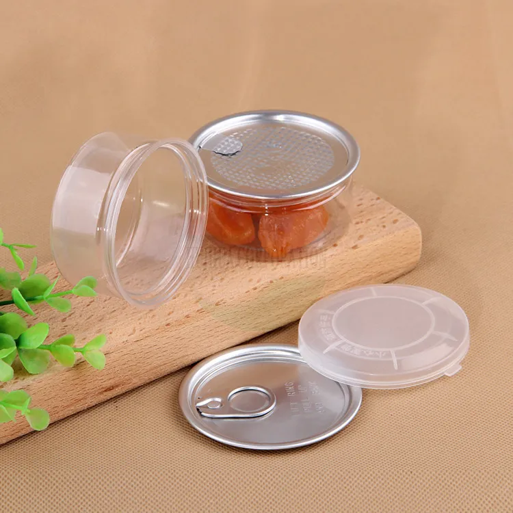 wholesale 3.5g jar plastic can clear PET 65*33mm For food 170ml/7g 100ml/3.5g 50ml/1g with aluminum ring pull cap beverage tuna tin LL