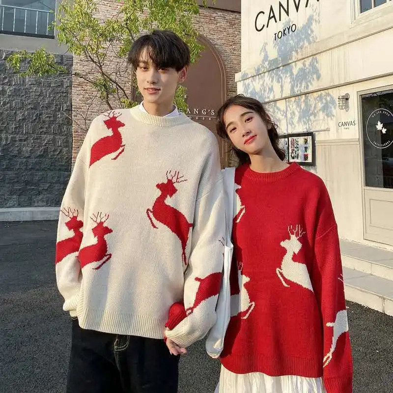 Sweater Christmas Warm Knitted Long Sleeve Autumn Pullovers Couple Chic Patchwork ONeck College Japanese Style Ins 240228