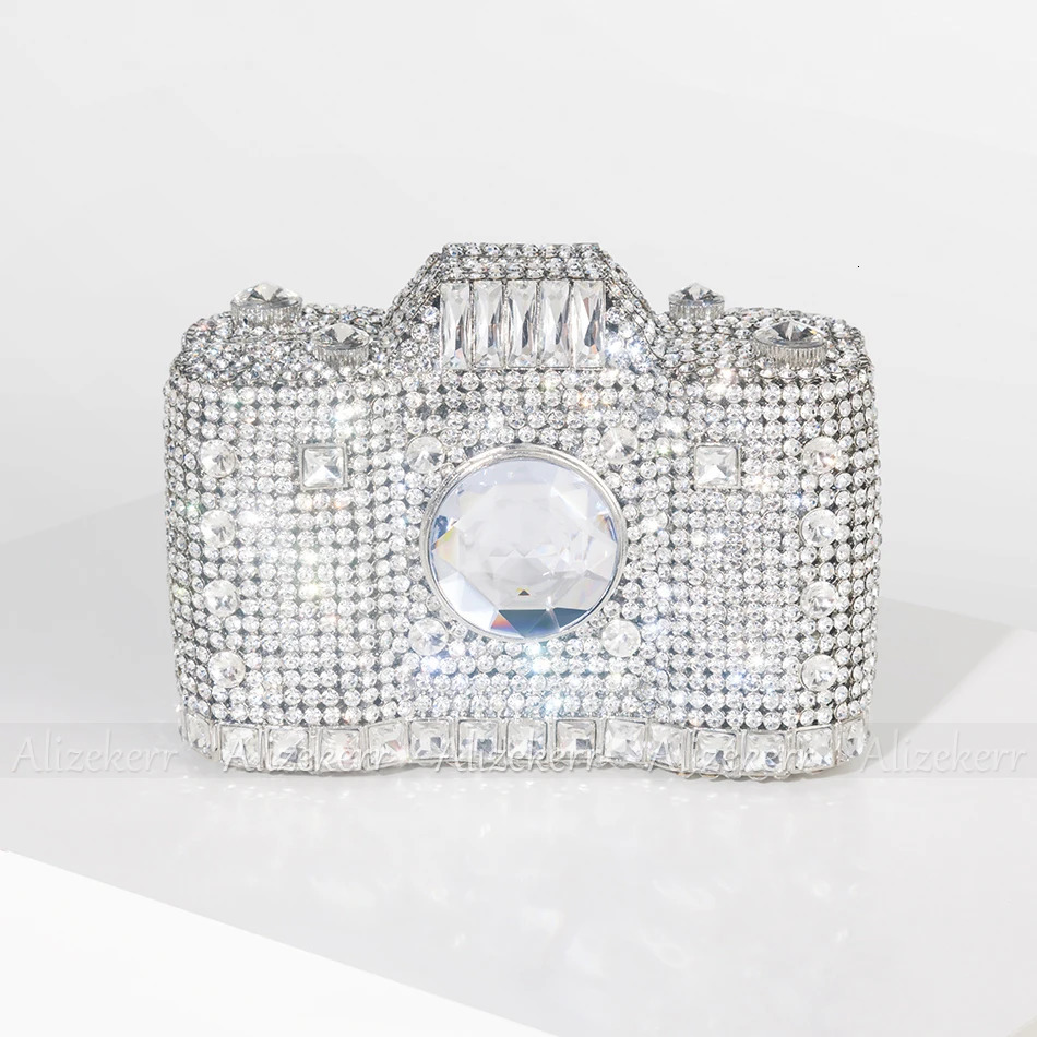 Camera Shaped Diamond Evening Clutch Bags Boutique Novelty Metallic Rhinestone Purses And Handbags Bridal Wedding Party 240315