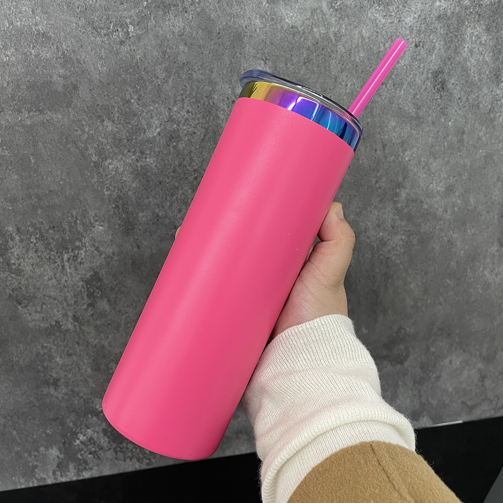 Colorful powder coated mirror rainbow plated underneath 20oz skinny straight stainless steel tumbler with lid and straw for laser engrave,sold by case