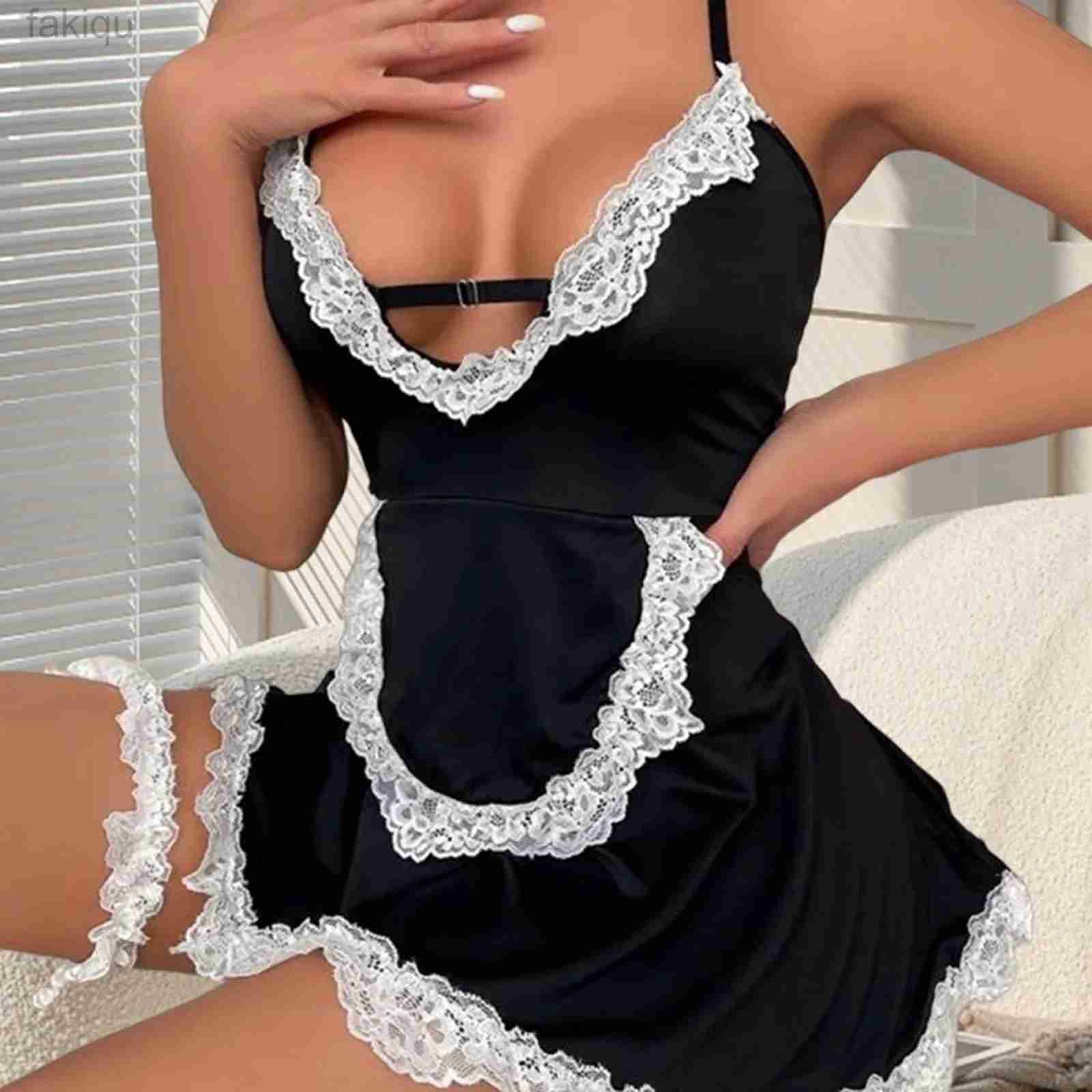 Sexy Set Apron Maid Uniform Cosplay Costumes Women Roleplay Porn Sexy Lingerie Erotic Backbare Babydoll Dress Exotic Set 24319