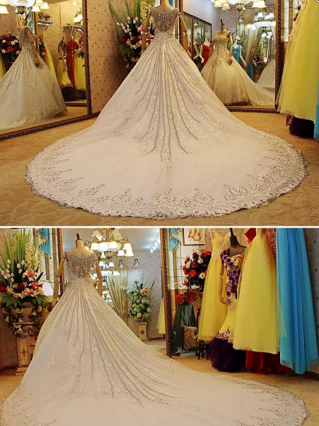 Gown Ball Beaded Rhie Wedding Dresses Chapel Train Shiny Crystal Bridal Gowns Illusion Open Back Gorgeous Formal Dress For Bride S